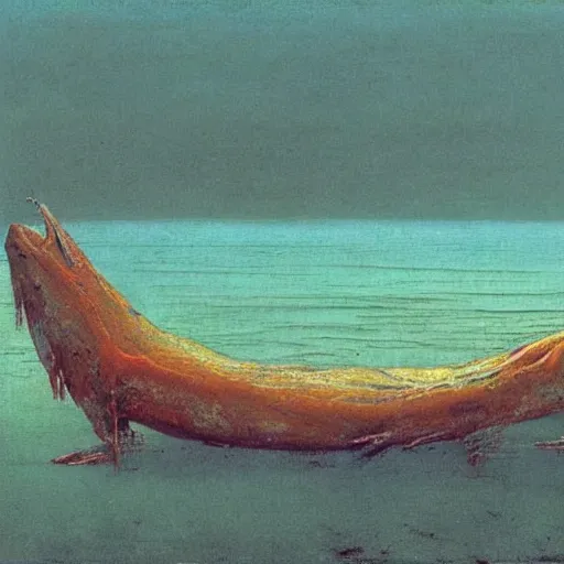 Image similar to decaying salmon on the beach, by beksinski.