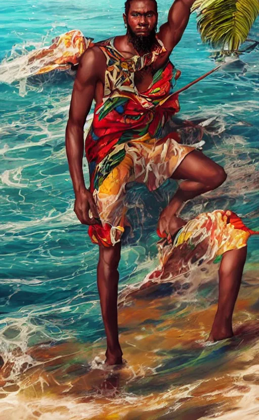 Prompt: Jamaican fisherman wearing calico cloth and posing in a battle stance in the Jamaican sea, style by Ross Tran and Artgerm and Peter Mohrbacher