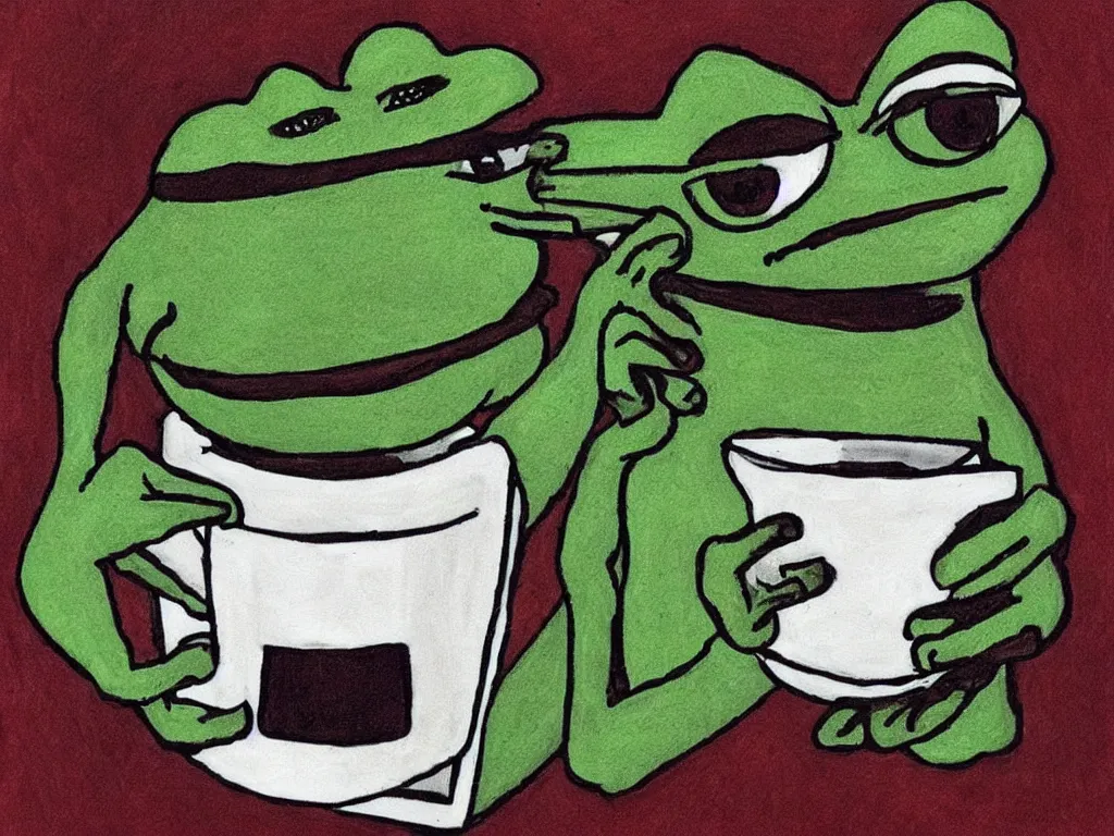 Prompt: portrait of a pepe! the frog! drinking coffee in the style of tarkovsky, old photo