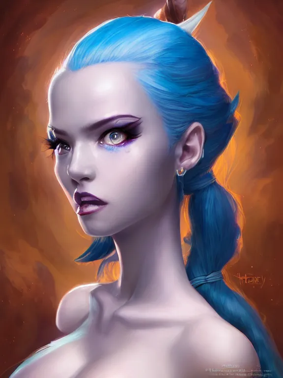 Image similar to a Portrait of JINX from League of Legends, blue hair, pigtail, intricate, elegant, highly detailed, digital painting, concept art, smooth, sharp focus, illustration, by Alex Horley,Heather Theurer,aaron horkey,Greg Rutkowski,artstation,deviantart,FAN ART,Unreal Engine,face enhance,8K,golden ratio,cinematic lighting