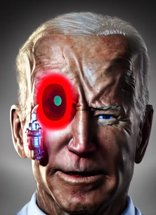 Image similar to hyper realistic ultra realistic cyborg photo Doom furious glowing red eyes biden, high quality photo, detailed , 8k