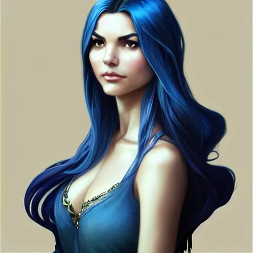 Prompt: A combination of Victoria Justice's and Odette Annable's faces with blue hair, western, D&D, fantasy, intricate, elegant, highly detailed, digital painting, artstation, concept art, matte, sharp focus, illustration, art by Artgerm and Greg Rutkowski and Alphonse Mucha