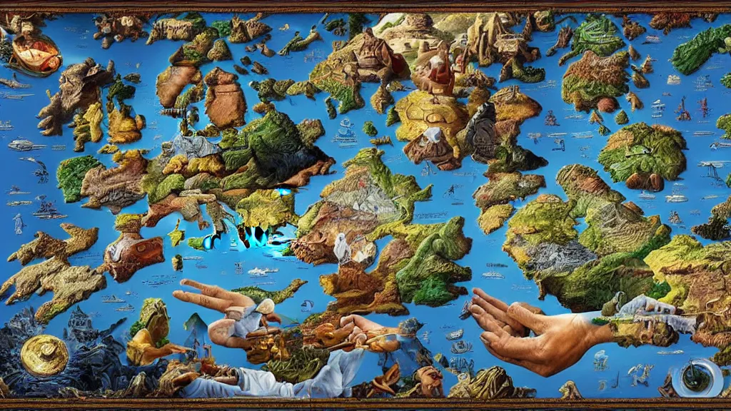 Image similar to surreal world map of languages in the styles of igor morski, jim warren, and rob gonsalves, intricate, robinson projection, accurate geography, volumetric lighting, serene, imaginative