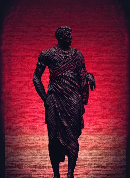 Image similar to black background with very subtle red and purple design elements, statue of julius caesar, nekro, graphic design, collage art, thin lines, dark, glitch art, neo vaporwave, gritty, layout frame, square, trending on artstation