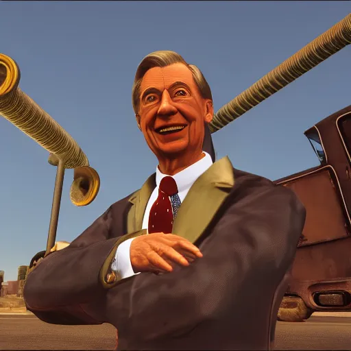 Image similar to wide shot of mr. rogers in the twisted metal video game, render, 8k, unreal engine