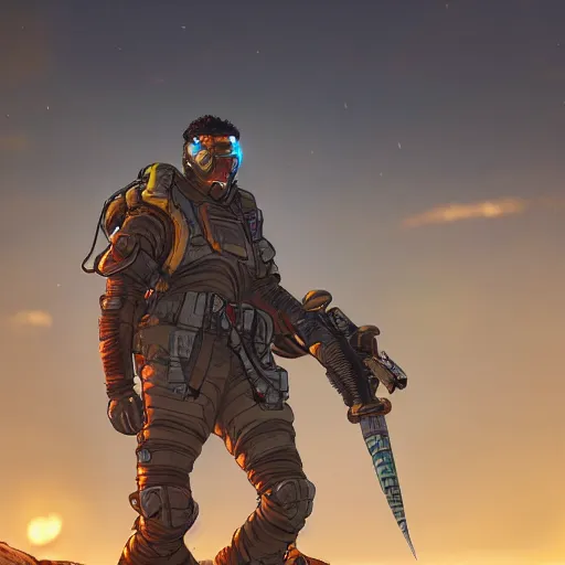 Prompt: wraith from apex legends standing in a battlefield, golden hour, sharp, trending on artstation, digital art