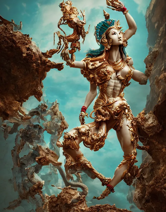 Prompt: positing on rock biomechanical asian goddess, full lenght view. woman wearing a helmet. white plastic, human skull, swollen muscles, tumors, veins, baroque elements. halo. octane rendering, cinematic, hyperrealism, octane rendering, 8k, depth of field, bokeh. iridescent accents. vibrant. teal gold and red color scheme