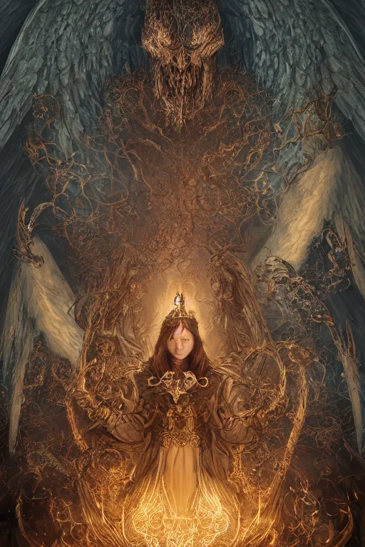 Prompt: portrait of a angel surrounded by demons, Dark Souls 3 themed, insanely detailed and intricate, golden ratio, elegant, ornate, luxury, elite, ominous, haunting, matte painting, cinematic, cgsociety, James jean, Brian froud, ross tran, Laputa