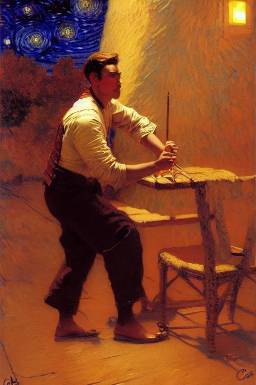 Image similar to attractive male playing pinao, starry night, painting by gaston bussiere, craig mullins, j. c. leyendecker