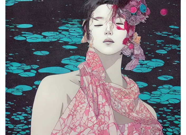 Image similar to lee jin - eun in luxurious dress emerging from pink and turquoise water in renaissance city during an eclipse by takato yamamoto, nicola samuri, conrad roset, m. k. kaluta, martine johanna, rule of thirds, elegant look, beautiful, chic, face anatomy, cute complexion