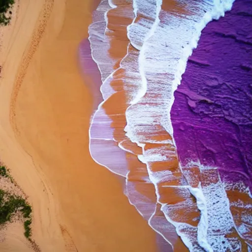 Image similar to Arial shot of a beach with orange sand and a sea of purple, acrylic painting