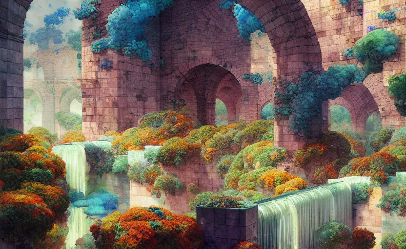 Image similar to tiled room squared waterway, aqueducts, fantasy. intricate, amazing composition, colorful watercolor, by ruan jia, by maxfield parrish, by marc simonetti, by hikari shimoda, by robert hubert, by zhang kechun, illustration, gloomy