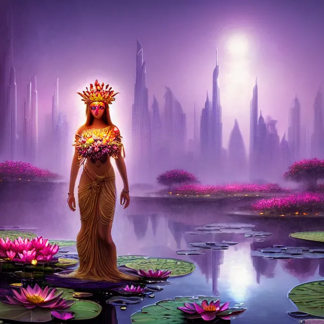 Prompt: Beautiful 3d render of the flower queen goddess near a pond full of lotus, atmospheric lighting, painted, intricate, volumetric lighting, beautiful, sharp focus, ultra detailed, in the art style of Dan Mumford and marc simonetti, with a clear crowded futuristic cyberpunk dubai city in the background, astrophotography