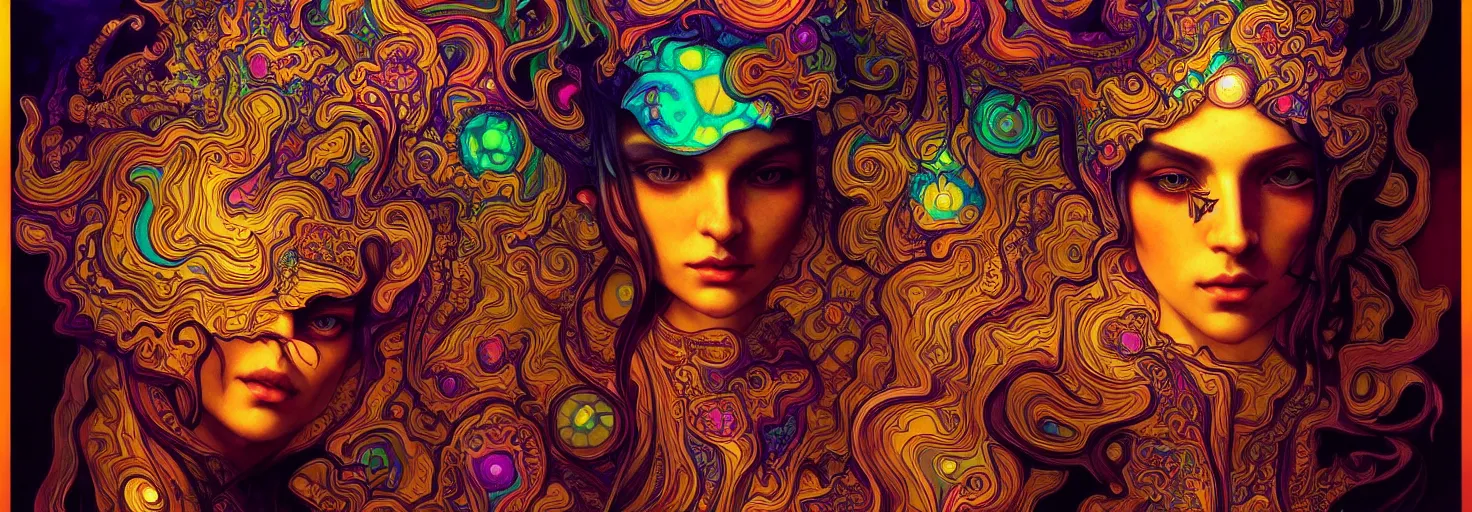 Image similar to An extremely psychedelic experience, colorful, surreal, dramatic lighting, psilocybin, LSD, centered, face, detailed, intricate, elegant, highly detailed, digital painting, artstation, concept art, smooth, sharp focus, illustration, art by Stephan Duquesnoy, Krenz Cushart and Artem Demura and alphonse mucha