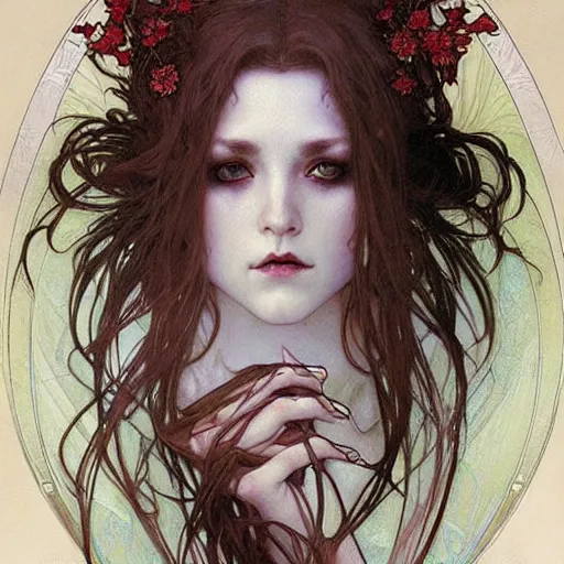 Prompt: realistic detailed face portrait of a Ghostly Gothic Vampire Bride by Alphonse Mucha, Ayami Kojima, Amano, Charlie Bowater, Karol Bak, Greg Hildebrandt, Jean Delville, and Mark Brooks, Art Nouveau, Neo-Gothic, gothic, rich deep moody colors