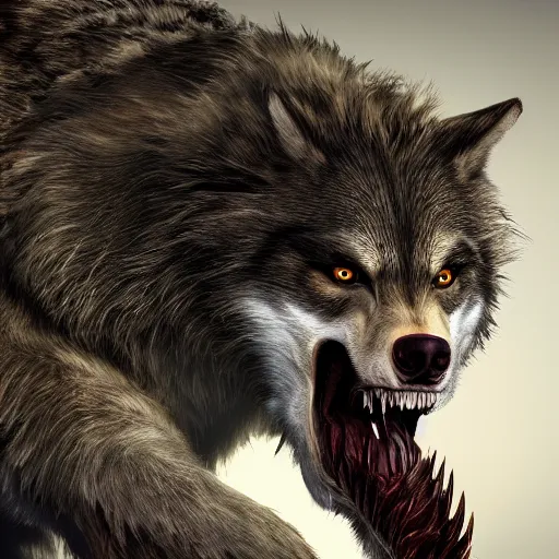 Prompt: portrait of werewolf eating dead animal, high detail, hyper realism, unreal engine, 8k, horror theme