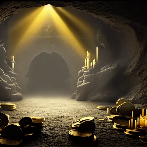 Prompt: a matte painting of a dark slate cave with a symmetrical skull of white flames in the center surrounded by a large number of glittering gold and silver coins and some treasure chests in the background, rays of light, dust, dim lighting, highly detailed, cinematic, high contrast, intricate, mystery, epic, dark fantasy, sense of awe, digital art