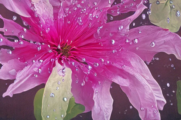 Image similar to pink dripping clematis flower liquefying, each petal dripping with many droplets of viscous pink liquid by salvador dali, oil on canvas