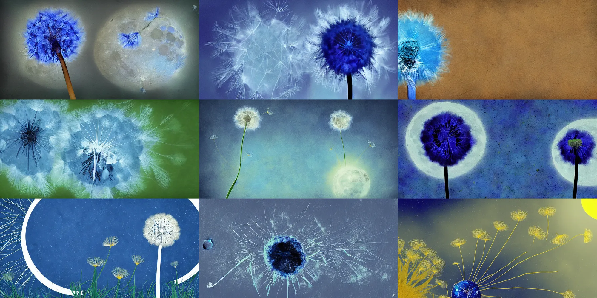 Prompt: a blue dandelion on the moon, earth in the background, liminal style, digital art, award winning