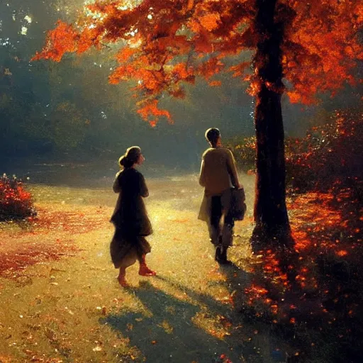 Image similar to a romantic walk in fall, warm, nostalgic, craig mullins