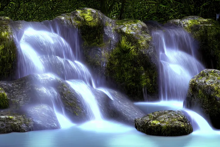 Prompt: A waterfall with glowing purple water. Cinematic lighting. Photorealism.