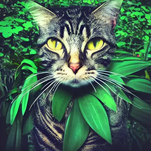 Prompt: “ abstract tabby cat in a jungle ”
