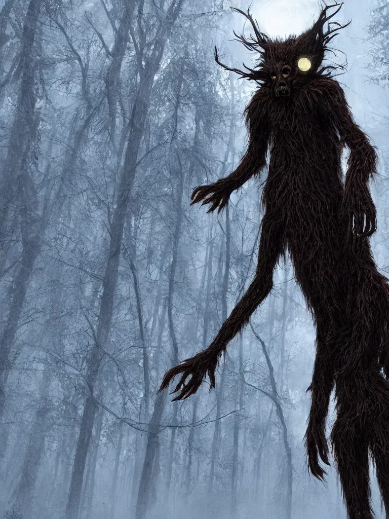 Image similar to standing photorealistic detailed tall skinny humanoid creature with fur, the woods, night, extremly detailed, 8 k, realistic, sharp focus, cosmic horror creature, cosmic horror, from the movie the thing