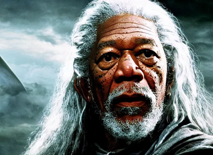 Prompt: morgan freeman starring as gandalf in lord of the rings, film still in the new batman movie, 4 k