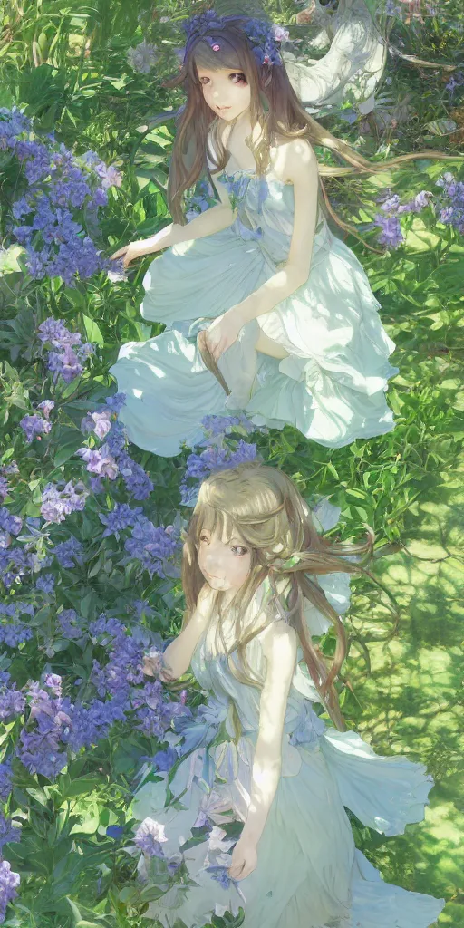 Prompt: a digital art of a loli with long hair in a dress in the privet garden at after noon, green and warm theme and blue accents, back lighting, by krenz cushart and mucha and akihito yoshida and greg rutkowski and makoto shinkai, highly detailed, 4 k resolution, trending on art station