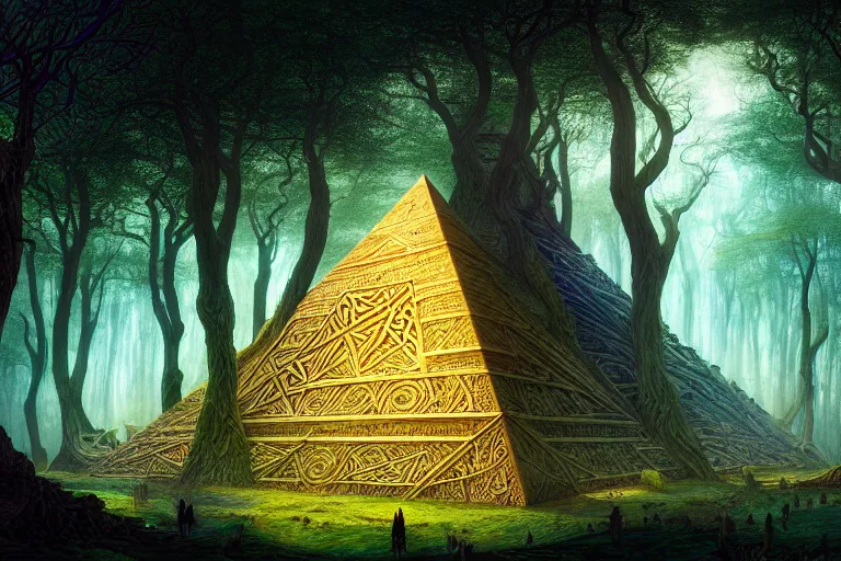 Prompt: a beautiful and highly detailed digital painting of an elven pyramid in a mystical forest, psychedelic patterns, celtic designs, intricate details, epic scale, hyperdetailed, hyperrealism, artstation, cgsociety, 8 k, sharp focus, by caspar friedrich, james gurney, zeen chin, brian froud,