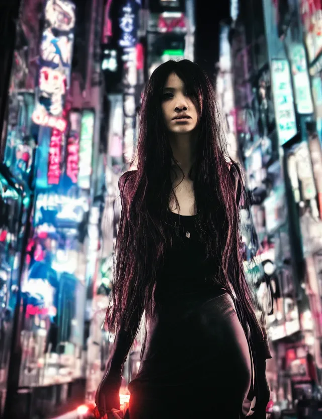 Image similar to portrait shot of a dark hair girl dressed by rick owens walking through shibuya lit by neons, night time, cinematic lights, annie leibovitz, 4k, highly detailed, glows, reflections, red leds, smoke, shallow depth of field, sigma 85mm 1.4