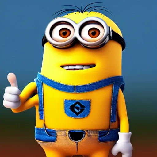 Image similar to Minion giving a thumbs up, photorealistic, hyper detailed, 8k, happy, excited, joy, crazy. Bright colors. Rendered in Unreal Engine. Trending on Artstation, DeviantArt