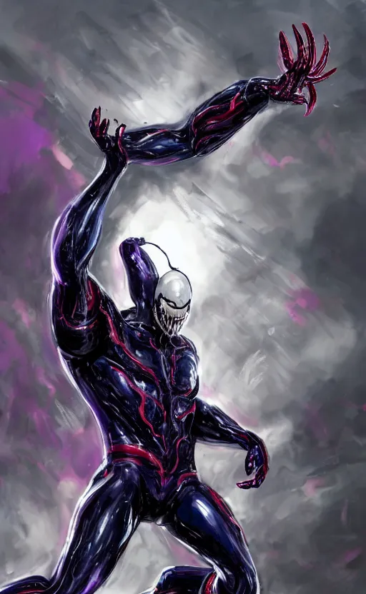 Image similar to venom in a venom inspired ironman suit, purple, black and red, dynamic lighting, photorealistic fantasy concept art, trending on art station, stunning visuals, terrifying, creative, cinematic