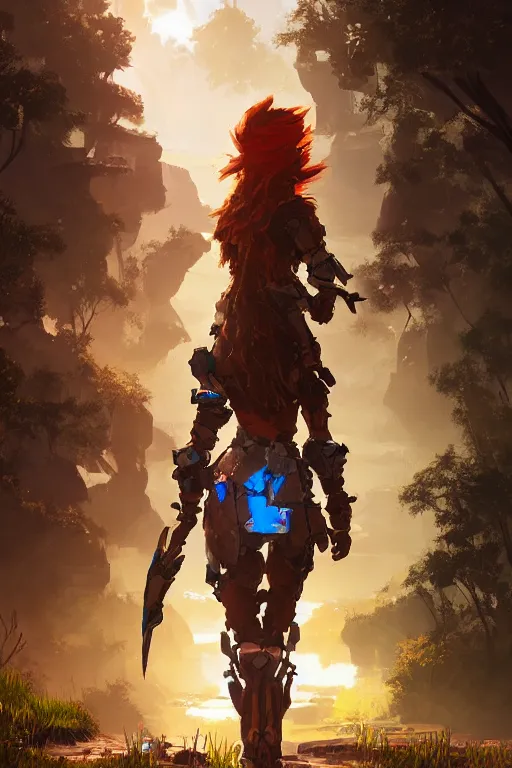 Image similar to combination suit armor aloy horizon forbidden west horizon zero dawn radiating a glowing aura global illumination ray tracing hdr fanart arstation by ian pesty and alena aenami artworks in 4 k tribal robot ninja mask helmet backpack