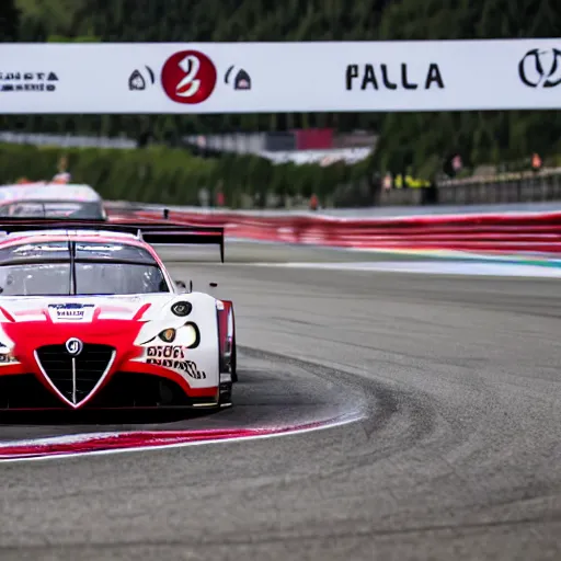 Prompt: Alfa Romeo crosses the finish line to win the 2022 Spa 24h in the GT3 category