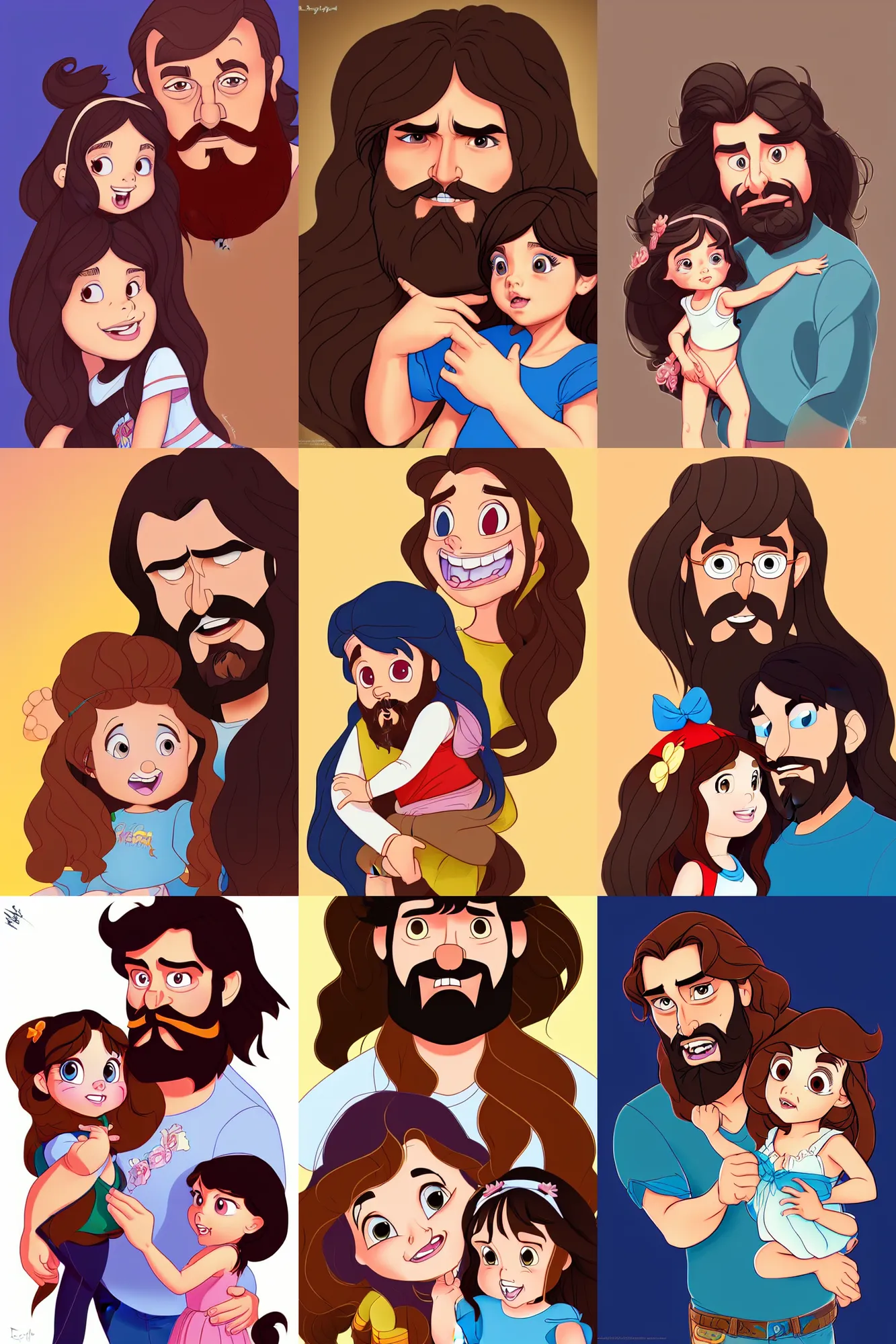 Image similar to a long - haired bearded father and his cartoonish brunette child toddler girl full color digital illustration in the style of don bluth, artgerm, artstation trending, 4 k