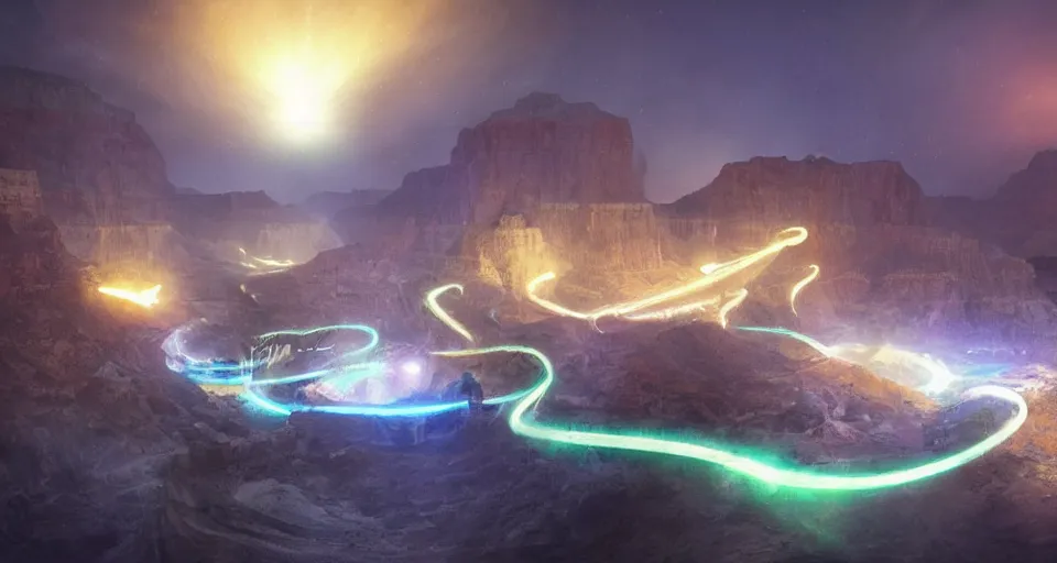 Image similar to night, a lot of people and a spiral - shaped white luminous attractor is floating in grand canyon, concept art, art for the game, professional lighting, art