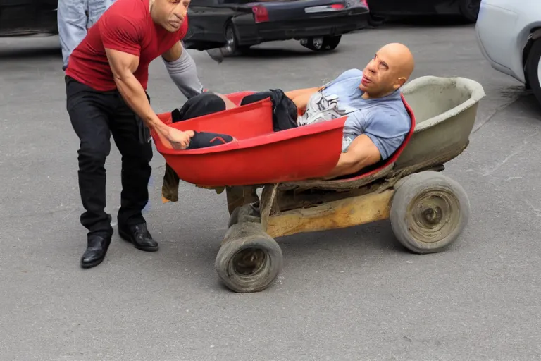 Image similar to Vin Diesel driving a wheelbarrow