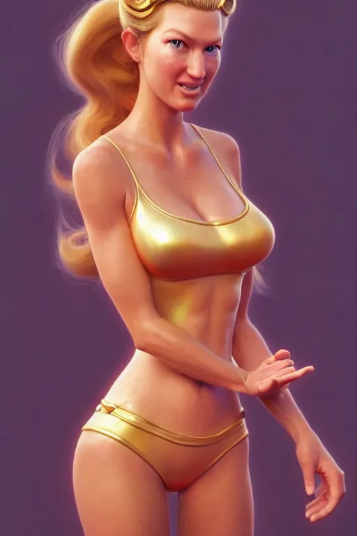 Image similar to polished sweaty princess peach : : gisele bundchen face : : kate upton body : : weta disney pixar movie still photo : : hi - fructose, sci fi, fantasy, decadent highly - detailed digital painting, golden ratio, octane render, artstation, smooth, sharp focus, artgerm, mucha, loish, wlop : :