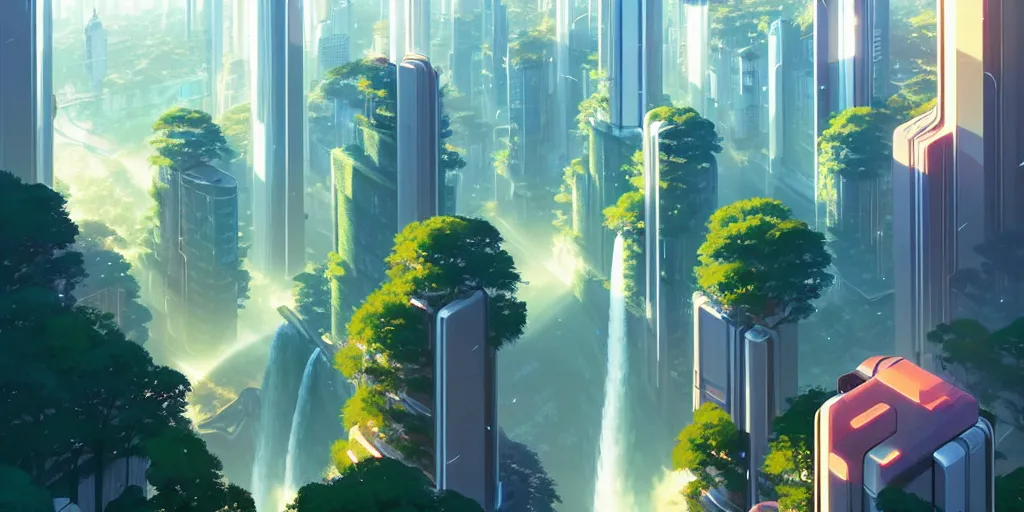 Image similar to futuristic city with tall shiny marble buildings in an evergreen valley, several waterfalls, landscape, global illumination, morning light, radiant light, bird's eye view, by makoto shinkai and lois van baarle, ilya kuvshinov, rossdraws, tom bagshaw