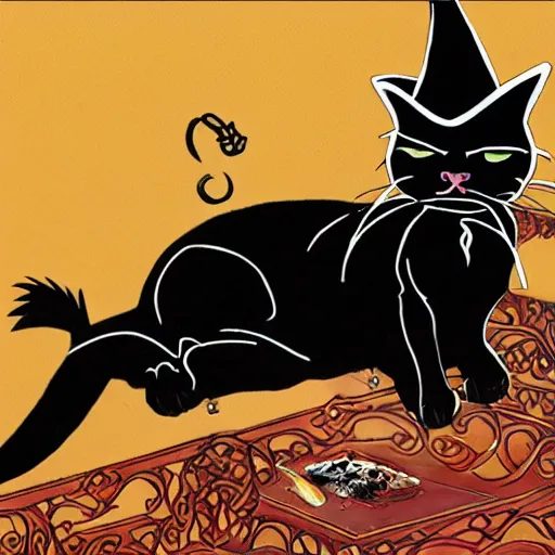 Prompt: a anime black cat with a witches hat