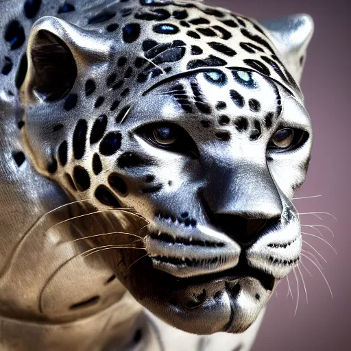 Prompt: portrait photography of a silver jaguar sculpture with glowing purple eyes