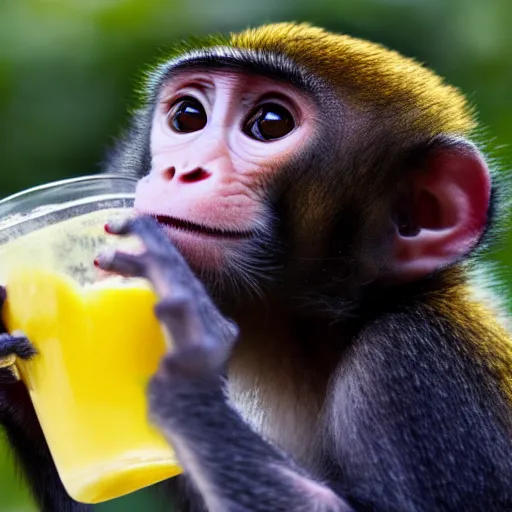 Prompt: baby monkey drinking lemonade, 4k, 8k, realistic, cute,