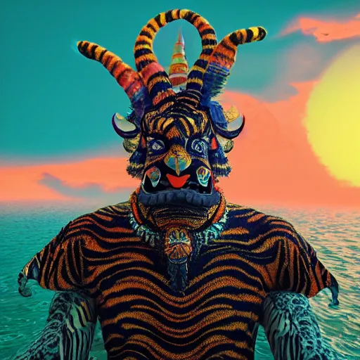 Prompt: a detailed 3 d render of a very fashionable hindu god demon tiger wearing cybergrunge hawaiian clothing tropical volcanic ocean landscape background by beeple and stephen gilliam, junji ito, kubrick, william blake, octane renderer, vray, 8 k, zbrush, c 4 d, cgsociety