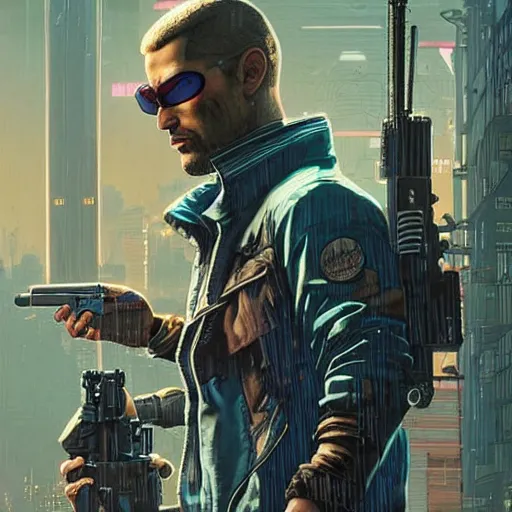 Prompt: Ezra. cyberpunk mercenary smoking a cigar. Style of James Gurney and Mœbius. (Cyberpunk 2077. Blade Runner. Apex Legends. The matrix)