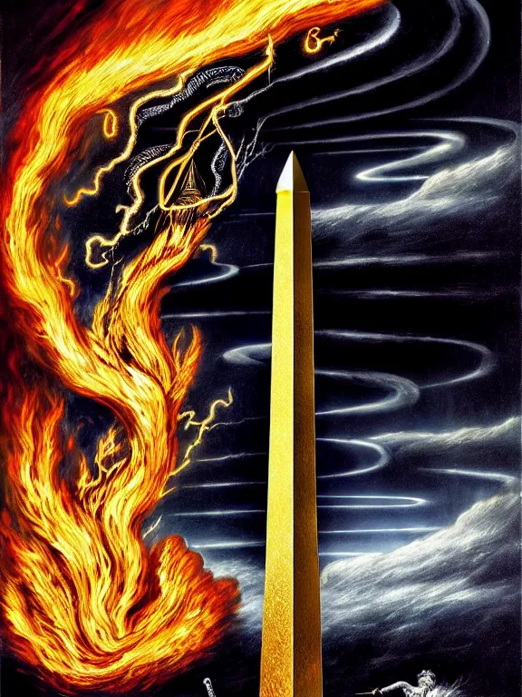 Prompt: savage electric flames of gold and silver engulfing an obsidian obelisk by ed emshwiller, rococo, smoky, beautiful, mythical, mystical, highly detailed, hyperrealistic, energy, low light, high contrast, lifelike, bright sky