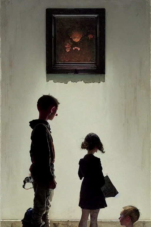 Image similar to a 1 2 year old boy and 3 year old girl looking at a wall full of ghosts, part by norman rockwell, part by greg rutkowski, part by mattias adolfsson, high angle, ( ( ( ( volumetric lighting ) ) ) ), oil on canvas