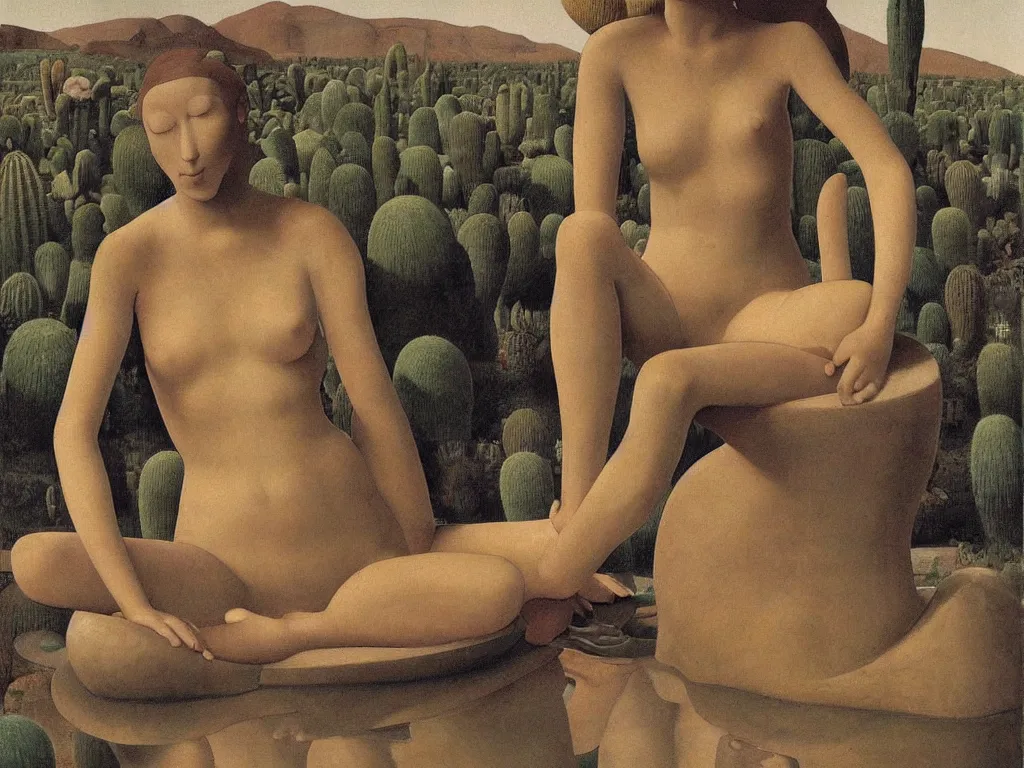 Image similar to Woman sculpted by Henri Moore taking a bath alone in a strange, giant ceramic basin sculpted river. Alien, selenar, crater landscape with cacti. Painting by Georges de la Tour, Alex Colville, Balthus