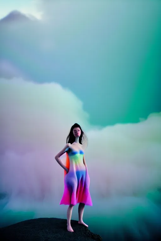 Image similar to high quality pastel coloured film close up wide angle photograph of a model wearing clothing swimming on cloud furniture in a icelandic black rock!! environment in a partially haze filled dreamstate world. three point light, rainbow. photographic production. art directed. pastel colours. volumetric clouds. pastel gradient overlay. waves glitch artefacts. extreme facial clarity. 8 k. filmic.