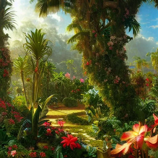 Prompt: a highly detailed matte painting of a garden hedge with tropical flowers, large palm trees, epic fantasy, god rays, ultrawide lens, aerial photography, unreal engine, exquisite detail, 8 k, art by albert bierstadt and alphonse mucha